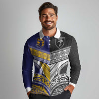 Custom Rugby Niue and Aotearoa Long Sleeve Polo Shirt Hiapo with Maori Moko Tribal Heritage Tattoos LT03 - Polynesian Pride