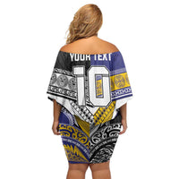 Custom Rugby Niue and Aotearoa Off Shoulder Short Dress Hiapo with Maori Moko Tribal Heritage Tattoos LT03 - Polynesian Pride