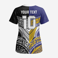 Custom Rugby Niue and Aotearoa Scrub Top Hiapo with Maori Moko Tribal Heritage Tattoos - Polynesian Pride