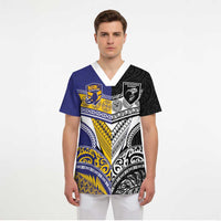 Custom Rugby Niue and Aotearoa Scrub Top Hiapo with Maori Moko Tribal Heritage Tattoos - Polynesian Pride