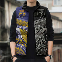 Custom Rugby Niue and Aotearoa Sleeveless Puffer Jacket Hiapo with Maori Moko Tribal Heritage Tattoos - Polynesian Pride
