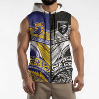 Custom Rugby Niue and Aotearoa Sleeveless Zip Hoodie Hiapo with Maori Moko Tribal Heritage Tattoos LT03 - Polynesian Pride