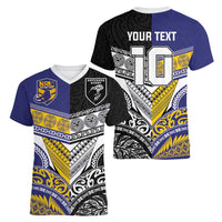 Custom Rugby Niue and Aotearoa Women V-Neck T-Shirt Hiapo with Maori Moko Tribal Heritage Tattoos LT03 - Polynesian Pride