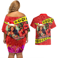 Hawaii Christmas Couples Matching Off Shoulder Short Dress and Hawaiian Shirt Hula Girl Hibiscus With Hawaiian Style Tribal Fabric Patchwork LT03 - Polynesian Pride