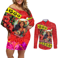 Hawaii Christmas Couples Matching Off Shoulder Short Dress and Long Sleeve Button Shirt Hula Girl Hibiscus With Hawaiian Style Tribal Fabric Patchwork LT03 Red - Polynesian Pride