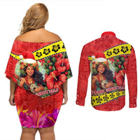 Hawaii Christmas Couples Matching Off Shoulder Short Dress and Long Sleeve Button Shirt Hula Girl Hibiscus With Hawaiian Style Tribal Fabric Patchwork LT03 - Polynesian Pride