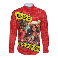 Hawaii Christmas Long Sleeve Button Shirt Hula Girl Hibiscus With Hawaiian Style Tribal Fabric Patchwork LT03 Unisex Red - Polynesian Pride