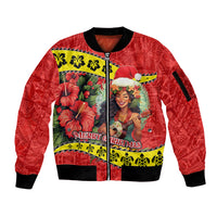Hawaii Christmas Sleeve Zip Bomber Jacket Hula Girl Hibiscus With Hawaiian Style Tribal Fabric Patchwork LT03 Unisex Red - Polynesian Pride