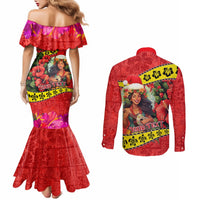 Personalised Hawaii Christmas Couples Matching Mermaid Dress and Long Sleeve Button Shirt Hula Girl Hibiscus With Hawaiian Style Tribal Fabric Patchwork LT03 - Polynesian Pride