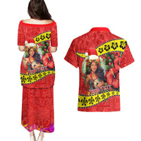 Personalised Hawaii Christmas Couples Matching Puletasi Dress and Hawaiian Shirt Hula Girl Hibiscus With Hawaiian Style Tribal Fabric Patchwork LT03 - Polynesian Pride