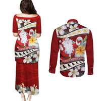 Tahiti Christmas Couples Matching Puletasi Dress and Long Sleeve Button Shirt Tiare Flowers and Pomarea Nigra with Polynesian Pattern LT03 - Polynesian Pride