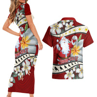 Personalised Tahiti Christmas Couples Matching Short Sleeve Bodycon Dress and Hawaiian Shirt Tiare Flowers and Pomarea Nigra with Polynesian Pattern LT03 - Polynesian Pride