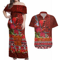 Hawaii KaUla Wena Iiwi Couples Matching Off Shoulder Maxi Dress and Hawaiian Shirt With Tropical Plants and 'Ohi'a lehua Kakau Art Tattoo LT03 Red - Polynesian Pride