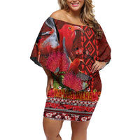 Hawaii KaUla Wena Iiwi Family Matching Off Shoulder Short Dress and Hawaiian Shirt With Tropical Plants and 'Ohi'a lehua Kakau Art Tattoo LT03 Mom's Dress Red - Polynesian Pride
