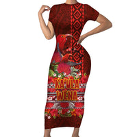 Hawaii KaUla Wena Iiwi Short Sleeve Bodycon Dress With Tropical Plants and 'Ohi'a lehua Kakau Art Tattoo LT03 Long Dress Red - Polynesian Pride