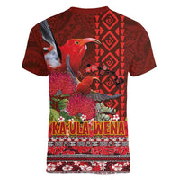 Hawaii KaUla Wena Iiwi Women V-Neck T-Shirt With Tropical Plants and 'Ohi'a lehua Kakau Art Tattoo LT03 - Polynesian Pride