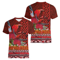Hawaii KaUla Wena Iiwi Women V-Neck T-Shirt With Tropical Plants and 'Ohi'a lehua Kakau Art Tattoo LT03 - Polynesian Pride