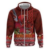 Hawaii KaUla Wena Iiwi Zip Hoodie With Tropical Plants and 'Ohi'a lehua Kakau Art Tattoo LT03 Zip Hoodie Red - Polynesian Pride