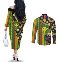 Hawaiian Tropical Plants Lei Couples Matching Off The Shoulder Long Sleeve Dress and Long Sleeve Button Shirt Kanaka Maoli Tribal with Palaka Motifs LT03 - Polynesian Pride
