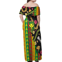 Hawaiian Tropical Plants Lei Off Shoulder Maxi Dress Kanaka Maoli Tribal with Palaka Motifs - Polynesian Pride