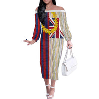Hawaiian Tropical Plants Lei Family Matching Off The Shoulder Long Sleeve Dress and Hawaiian Shirt National Flag Style LT03 Mom's Dress Multicolor - Polynesian Pride