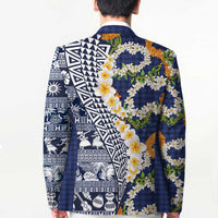 Hawaiian Plumeria Lei Blazer Kakau Motifs and Palaka Half Style Blue Color - Polynesian Pride