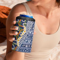 Hawaiian Plumeria Lei 4 in 1 Can Cooler Tumbler Kakau Motifs and Palaka Half Style Blue Color LT03 - Polynesian Pride