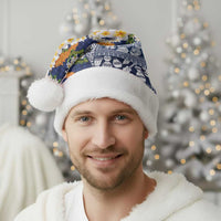 Hawaiian Plumeria Lei Christmas Santa Hat Kakau Motifs and Palaka Half Style Blue Color - Polynesian Pride
