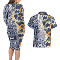 Hawaiian Plumeria Lei Couples Matching Long Sleeve Bodycon Dress and Hawaiian Shirt Kakau Motifs and Palaka Half Style Blue Color LT03 - Polynesian Pride