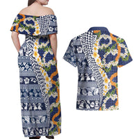 Hawaiian Plumeria Lei Couples Matching Off Shoulder Maxi Dress and Hawaiian Shirt Kakau Motifs and Palaka Half Style Blue Color LT03 - Polynesian Pride