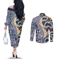 Hawaiian Plumeria Lei Couples Matching Off The Shoulder Long Sleeve Dress and Long Sleeve Button Shirt Kakau Motifs and Palaka Half Style Blue Color LT03 - Polynesian Pride