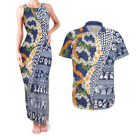 Hawaiian Plumeria Lei Couples Matching Tank Maxi Dress and Hawaiian Shirt Kakau Motifs and Palaka Half Style Blue Color LT03 Blue - Polynesian Pride