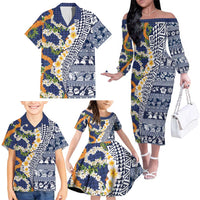 Hawaiian Plumeria Lei Family Matching Off The Shoulder Long Sleeve Dress and Hawaiian Shirt Kakau Motifs and Palaka Half Style Blue Color LT03 - Polynesian Pride