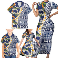 Hawaiian Plumeria Lei Family Matching Short Sleeve Bodycon Dress and Hawaiian Shirt Kakau Motifs and Palaka Half Style Blue Color LT03 - Polynesian Pride