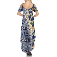 Hawaiian Plumeria Lei Family Matching Summer Maxi Dress and Hawaiian Shirt Kakau Motifs and Palaka Half Style Blue Color LT03 - Polynesian Pride