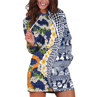 Hawaiian Plumeria Lei Hoodie Dress Kakau Motifs and Palaka Half Style Blue Color LT03 Blue - Polynesian Pride