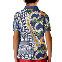 Hawaiian Plumeria Lei Kid Polo Shirt Kakau Motifs and Palaka Half Style Blue Color - Polynesian Pride