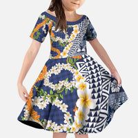 Hawaiian Plumeria Lei Kid Short Sleeve Dress Kakau Motifs and Palaka Half Style Blue Color - Polynesian Pride