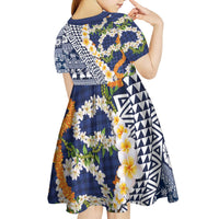 Hawaiian Plumeria Lei Kid Short Sleeve Dress Kakau Motifs and Palaka Half Style Blue Color - Polynesian Pride