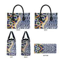Hawaiian Plumeria Lei Leather Bag Kakau Motifs and Palaka Half Style Blue Color - Polynesian Pride