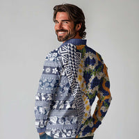 Hawaiian Plumeria Lei Long Sleeve Polo Shirt Kakau Motifs and Palaka Half Style Blue Color - Polynesian Pride