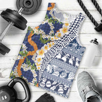 Hawaiian Plumeria Lei Men Tank Top Kakau Motifs and Palaka Half Style Blue Color - Polynesian Pride