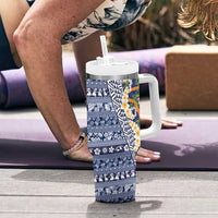 Hawaiian Plumeria Lei Tumbler With Handle Kakau Motifs and Palaka Half Style Blue Color - Polynesian Pride