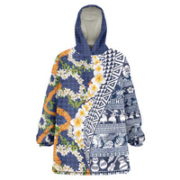 Hawaiian Plumeria Lei Wearable Blanket Hoodie Kakau Motifs and Palaka Half Style Blue Color LT03 One Size Blue - Polynesian Pride