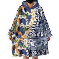 Hawaiian Plumeria Lei Wearable Blanket Hoodie Kakau Motifs and Palaka Half Style Blue Color LT03 - Polynesian Pride