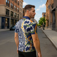 Hawaiian Plumeria Lei Zipper Polo Shirt Kakau Motifs and Palaka Half Style Blue Color - Polynesian Pride