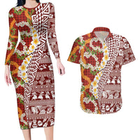 Hawaiian Plumeria Lei Couples Matching Long Sleeve Bodycon Dress and Hawaiian Shirt Kakau Motifs and Palaka Half Style Red Color LT03 Red - Polynesian Pride