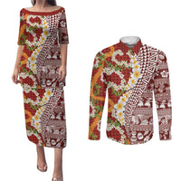 Hawaiian Plumeria Lei Couples Matching Puletasi and Long Sleeve Button Shirt Kakau Motifs and Palaka Half Style Red Color LT03 Red - Polynesian Pride