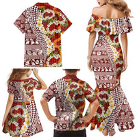 Hawaiian Plumeria Lei Family Matching Mermaid Dress and Hawaiian Shirt Kakau Motifs and Palaka Half Style Red Color LT03 - Polynesian Pride