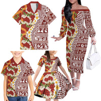 Hawaiian Plumeria Lei Family Matching Off The Shoulder Long Sleeve Dress and Hawaiian Shirt Kakau Motifs and Palaka Half Style Red Color LT03 - Polynesian Pride